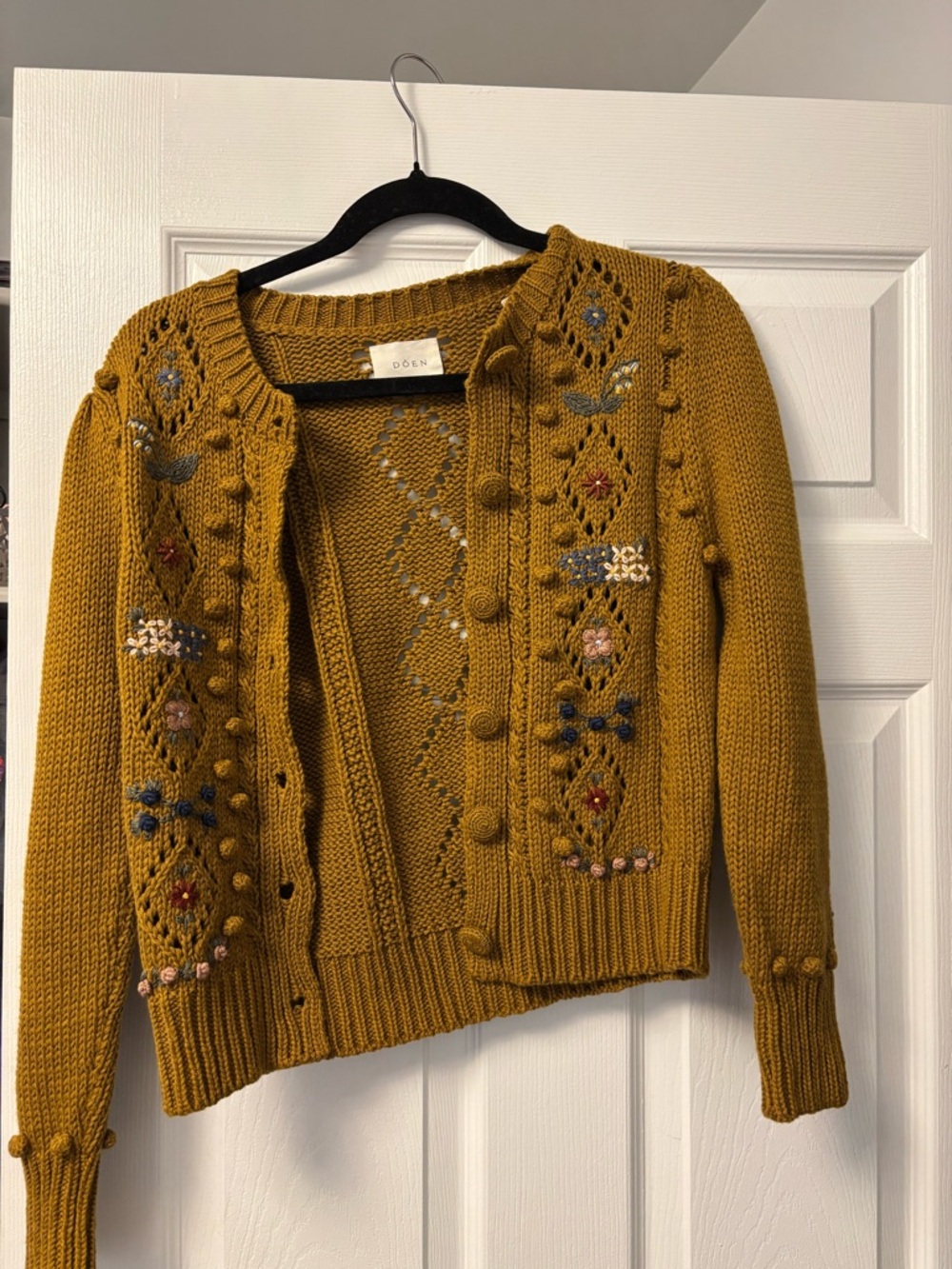 DÔEN Forget Me Not Cardigan Small Mustard Embroidered Organic Cotton - Picture 3 of 16